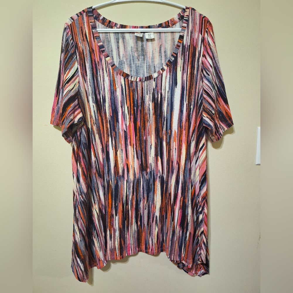 Artisan NY 1X women's shortsleeved asymetrical tunic colourful vertical stripes